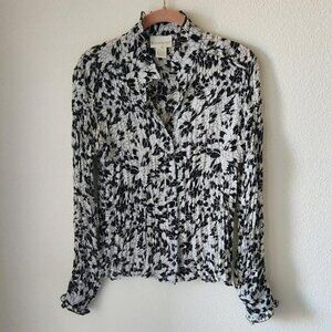 WORTHINGTON Y2K Blouse Long Sleeve Crinkle Black & White Floral Ruffles Sz S